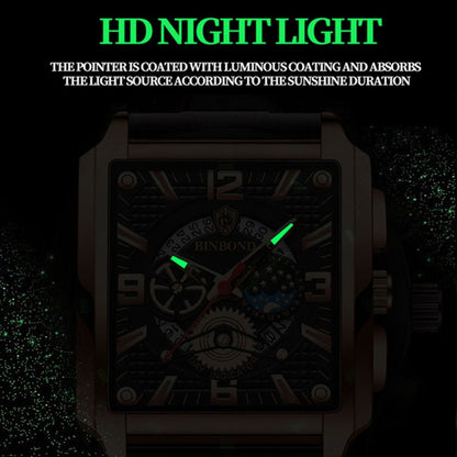 BINBOND B6575 Men Vintage Square Multifunctional Luminous Quartz Watch, Color: Black Leather-White-Black - Metal Strap Watches by BINBOND | Online Shopping UK | buy2fix