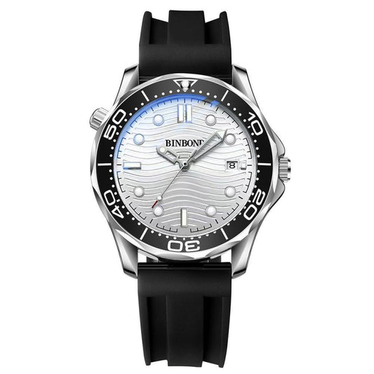 Black Silicon White Steel White BINBOND B2820 Luminous 30m Waterproof Men Sports Quartz Watch - Silicone Strap Watches by BINBOND | Online Shopping UK | buy2fix