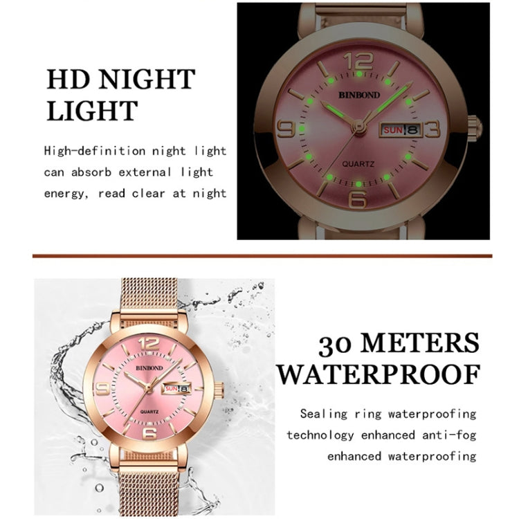 BINBOND B5907 Luminous Quartz Ladies Watch 30M Waterproof Calendar Steel Belt Watch(White) - Metal Strap Watches by BINBOND | Online Shopping UK | buy2fix