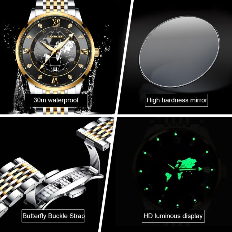 BINBOND B1117 30M Waterproof Earth Dial Butterfly Buckle Luminous Quartz Watch(Black Steel-Black-Gold) - Metal Strap Watches by BINBOND | Online Shopping UK | buy2fix