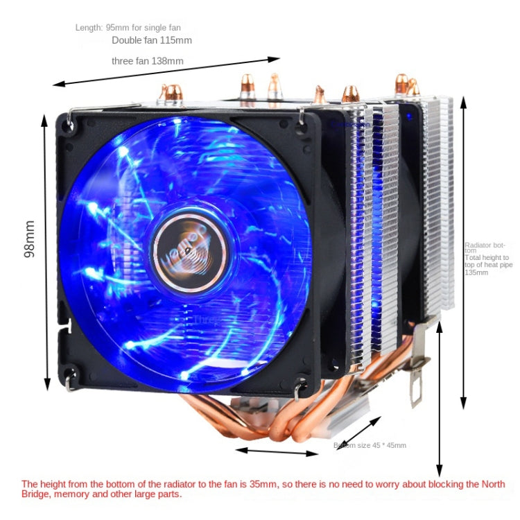 Desktop Computer Double Copper Tube CPU Radiator Super Quiet Color Light 3-pin Double Fan - Fan Cooling by buy2fix | Online Shopping UK | buy2fix