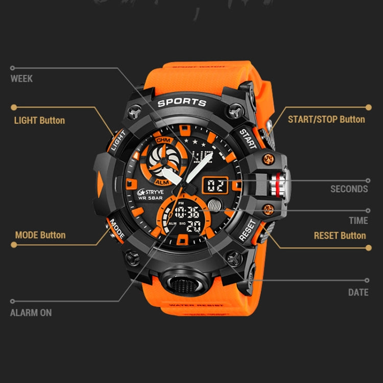 STRYVE S8027 Sports Multifunctional Luminous Dual Display Chronograph Student Watch(Orange) - Leather Strap Watches by STRYVE | Online Shopping UK | buy2fix