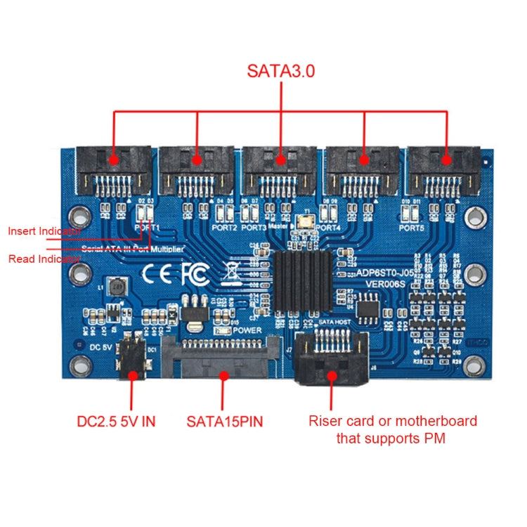 SATA3.0 6Gbps JMB575 Chip SATA Expansion Card 1 to 5 Port Riser Card - Add-on Cards by buy2fix | Online Shopping UK | buy2fix