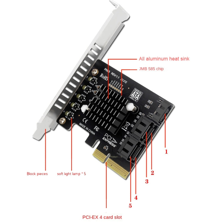 PCI-E To 5 SATA 3.0 Expansion Card(Semi High Baffle) - Add-on Cards by buy2fix | Online Shopping UK | buy2fix