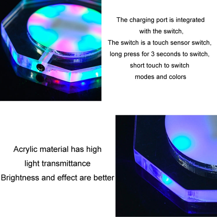 100x10mm Octagonal USB Charging LED Light Up Acrylic Coaster Transparent Crystal Base(Colorful Light) - Car Drink Holders by buy2fix | Online Shopping UK | buy2fix