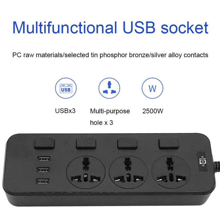 T14 2m 2500W 3 Plugs + 3-USB Ports Multifunctional Socket With Switch, Specification: US Plug (Black) - Extension Socket by buy2fix | Online Shopping UK | buy2fix