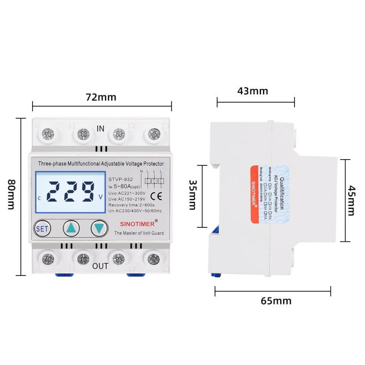 SINOTIMER STVP-932 50A 3-phase 380V LCD Self-resetting Adjustable Surge Voltage Protector - Other Tester Tool by SINOTIMER | Online Shopping UK | buy2fix