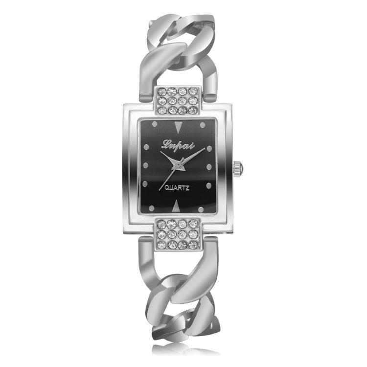 Square Dial Diamond Plated Hollow Alloy Bracelet Strap Quartz Watch for Women(Silver band black surface) - Bracelet Watches by buy2fix | Online Shopping UK | buy2fix